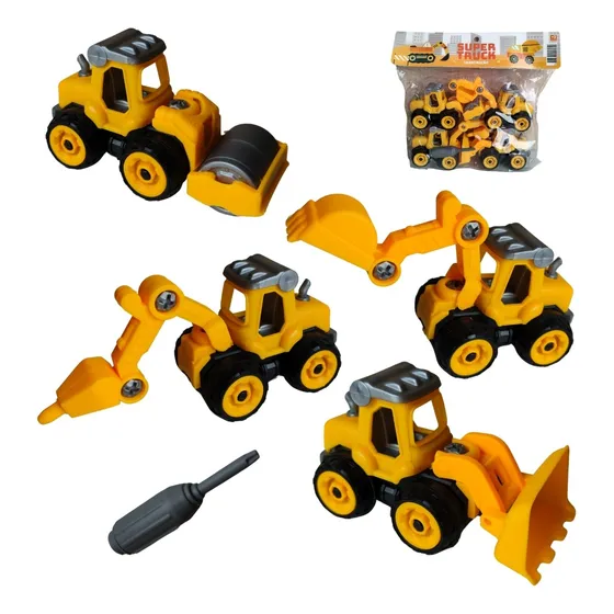 Kit 4 Carrinho Didático Trator Brinquedo Monta E Desmonta