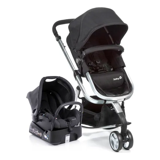 Conjunto Travel System Mobi Ts Trio Black & Silver: Carrinho 3 Rodas Em Alumínio Com Moisés + Bebê Conforto One Safe Com Base Veicular, Capota Uv50+, Safeside® - Safety 1st