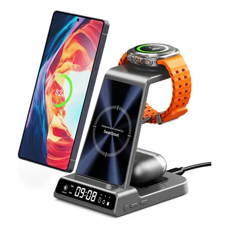Phelinta XF-C01 - Estação de Carregamento 3 em 1 Sem Fio para Samsung, S25 Ultra/S24 Ultra/S23/S22, Z Flip 7/Fold 6, Watch Ultra (2025)/8/7/6 e Buds 3 Pro (Cinza)
