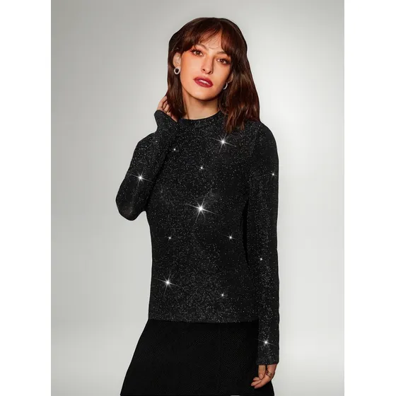Remera Blusa Con Purpurina Cuello Simulado