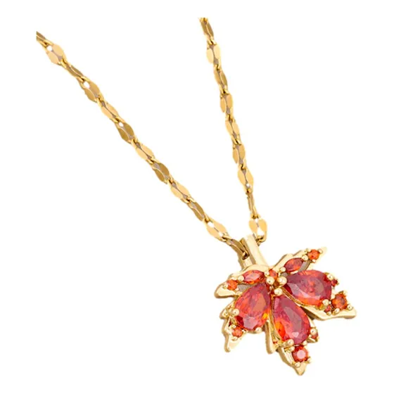 Collar Hoja De Maple Arce Otoño Chapado En Oro Con Circonia