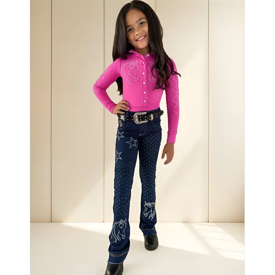 Calça Feminina Infantil Azul Brilhos Horse Total C/ Elastano