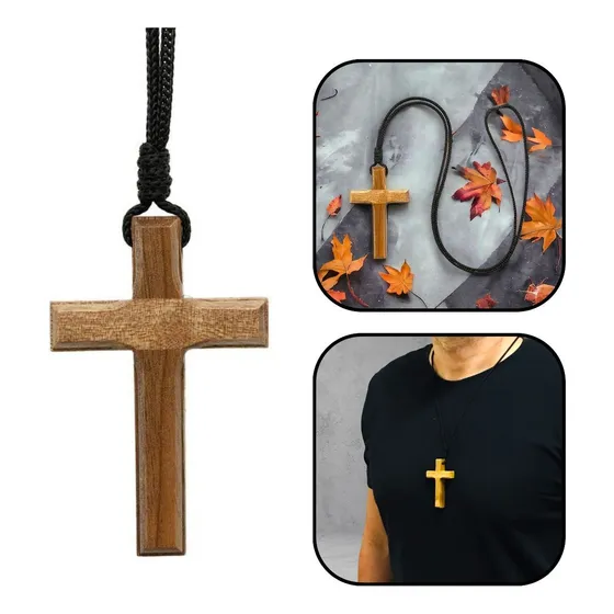 Colar Cordão Cruz Crucifixo Sem O Cristo Coroinha Madeira
