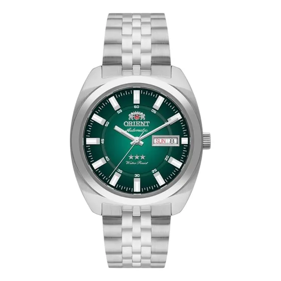 Relógio Orient Heritage Automático 3 Estrelas Yn6ss005 E1sx Correia Prateado Bisel Prateado Fundo Verde