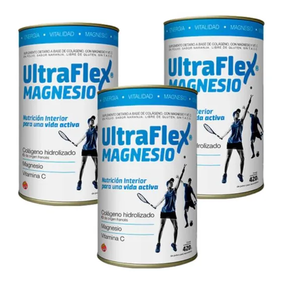 Pack x 3 Suplemento TRB Pharma Ultraflex Magnesio polvo sabor naranja lata de 420g