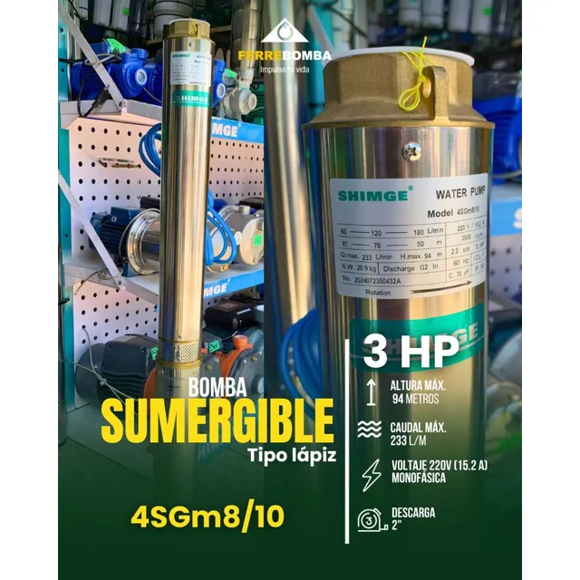 Bomba Sumergible De 3 Hp Marca Shimge 4sgm8/10 Voltaje 220
