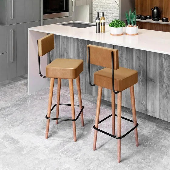 Kit 2 Banquetas Banco Alto  Encosto Bancada Área Gourmet Couro Sintetico Marrom-claro