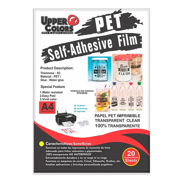 Papel  Adhesivo 100% Transparente  Imprimible Inkjet A4x20h.