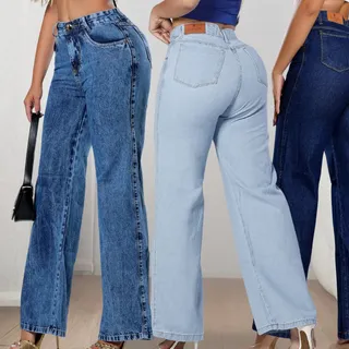 Kit 3 Calças Jeans Feminina Wide Leg Pantalona Cós Alto Luxo