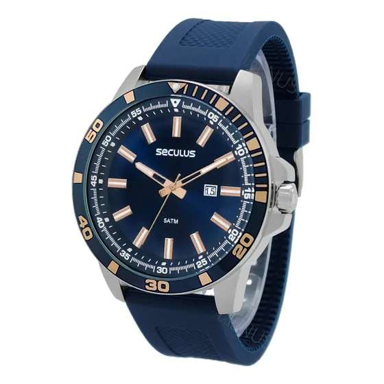 Relógio De Pulso Seculus Com Corria De Silicone Cor Azul-marinho