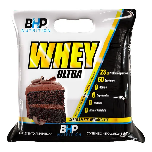 Suplemento en polvo BHP Nutrition Whey Ultra proteína sabor pastel de chocolate en sachet de 2.27kg