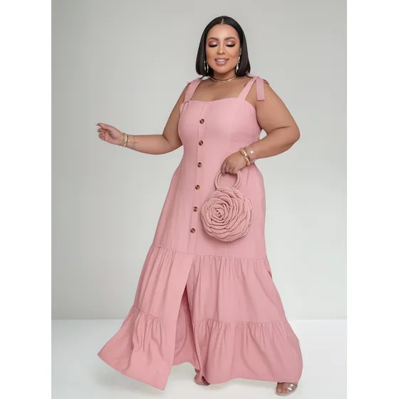 Vestido Longo Evangélico Plus Size Com Ajuste Na Cintura