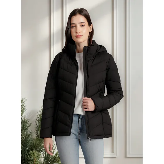 Parka Puffer Con Gorro Mujer Negro Calvin Klein