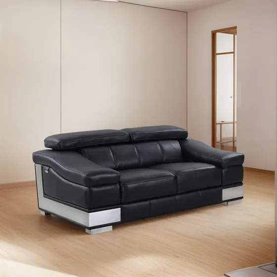 Sofá De Sala De Estar De Cuero Italiano Contemporáneo, Negro