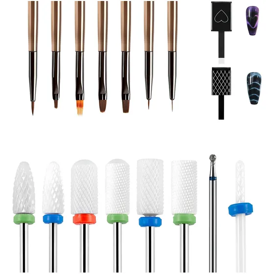 Puntas Para Drill,pinceles Para Uñas Y Iman Ojo De Gato 17pz