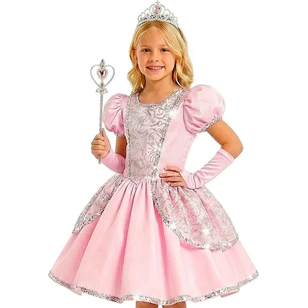 Fantasia Princesa Branca Neve Capa Luva Varinha Coroa Tiara Rosa T - 2