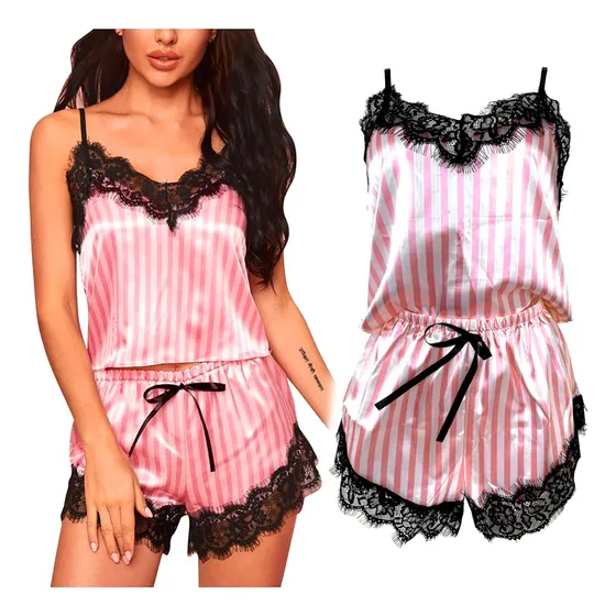 Pijama Satén Mujer Sexy Conjunto Short Musculosa Encaje