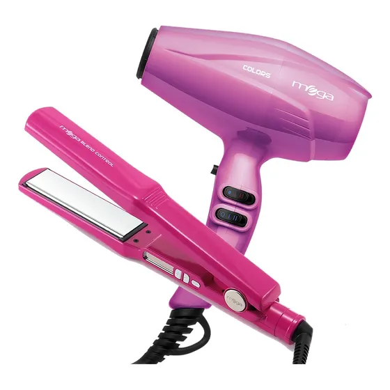 Kit Secador + Plancha Mega Profissional Rosa