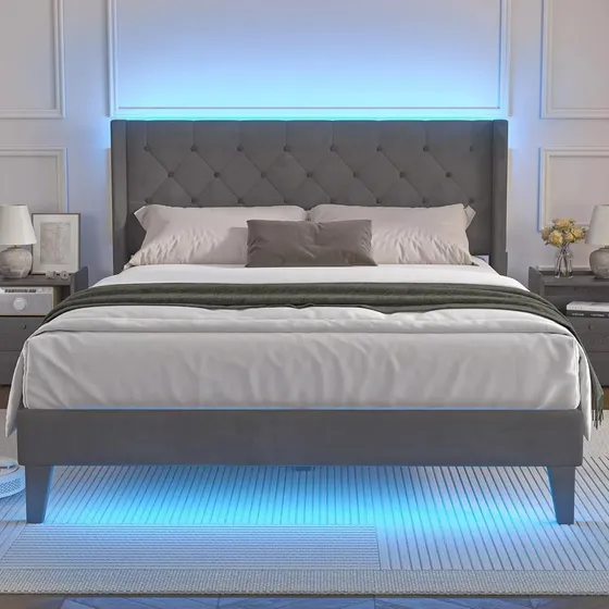 Base Cama Queen Size Con Cabecera De Madera Y Tela