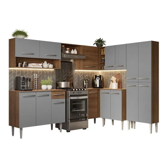 Armário De Cozinha Completa Canto 417cm Cr Emilly Madesa 02 Cor Rustic/Cinza