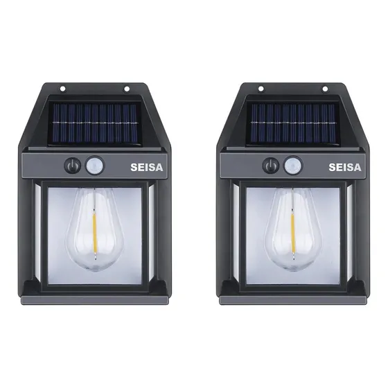 2 Unidades Farola De Pared Carga Solar Luz Led Blanco Cálido Estructura Negro