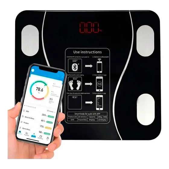 Pesa Balanza Baño Digital Inteligente Movillano Bluetooth App Control Peso Grasa Corporal Masa Osea Muscular Imc Bioimpedancia Vidrio Templado Negro 180kg Perfiles Usuarios Alta Precision Ios Android