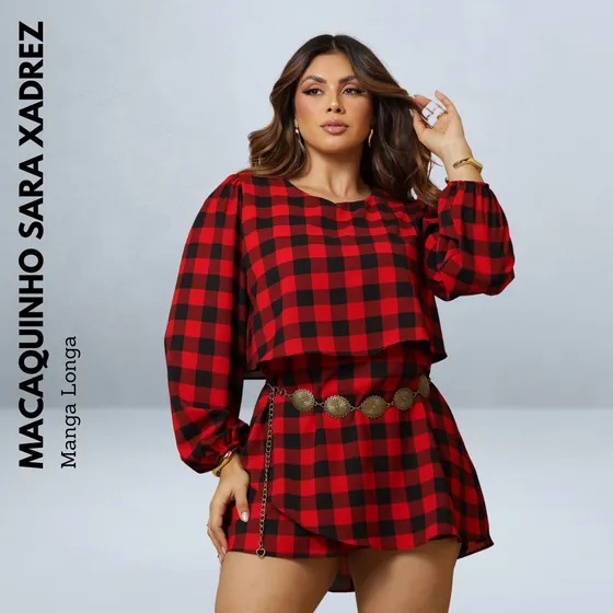Macaquinho Xadrez Manga Longa Feminino Com Camadas Tdc Modas