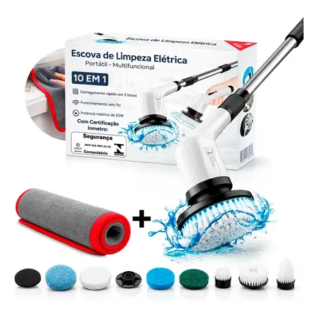 Mop Limpador Elétrico Multiuso 10 Em 1 Escova Rotatória Recarregável Para Limpeza Doméstica Com Pano Branco-pn