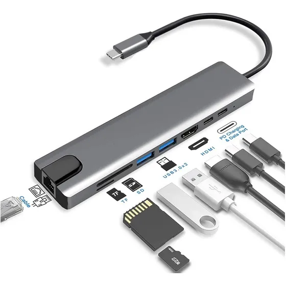 Adaptador Hub Usb-c 8 En 1 Hdmi Usb 3.0 Micro Sd Rj45