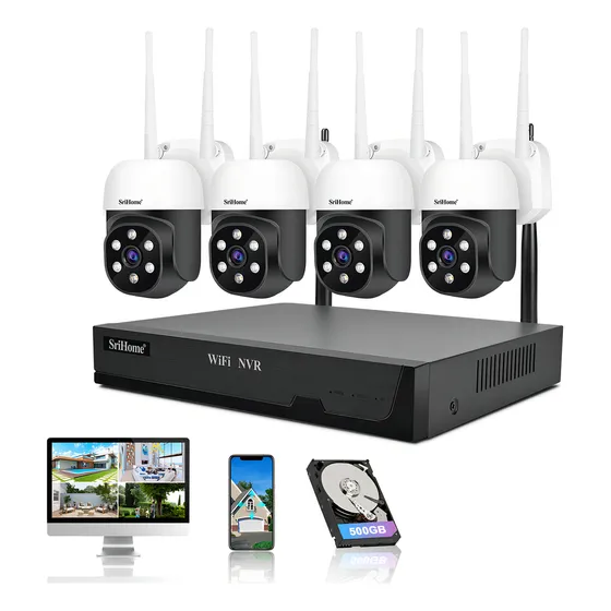 Srihome Kit De Sistema De Cámara De Seguridad, 8ch 2mp Wifi Cctv Nvr + 4 2mp Cámaras Ptz, Pan&tilt 360 Grados, Visión Nocturna, Detección Movimiento, Ip66 Para Interior Y Exterior Con Hdd 500g