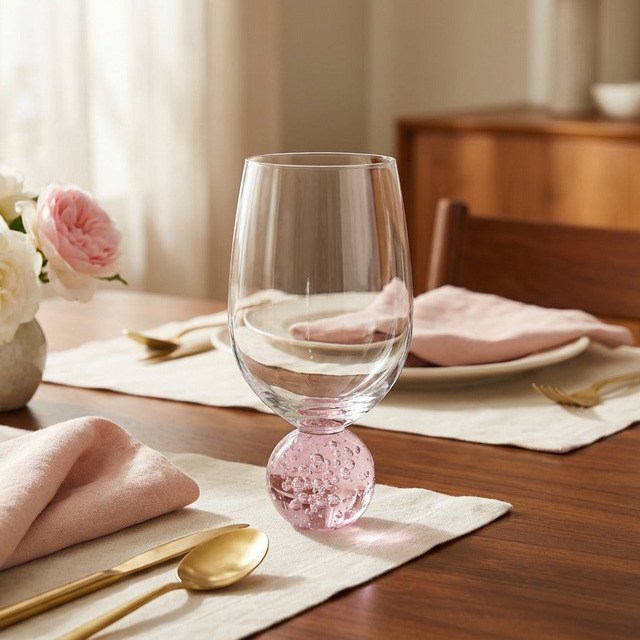 Kit 6 Taças Vidro Transparente Base Esfera Rosa Bubble 400ml Rosa-claro Kit 6 Taças Vidro Transparente Base Esfera Rosa Bubble 400ml Rosa-claro