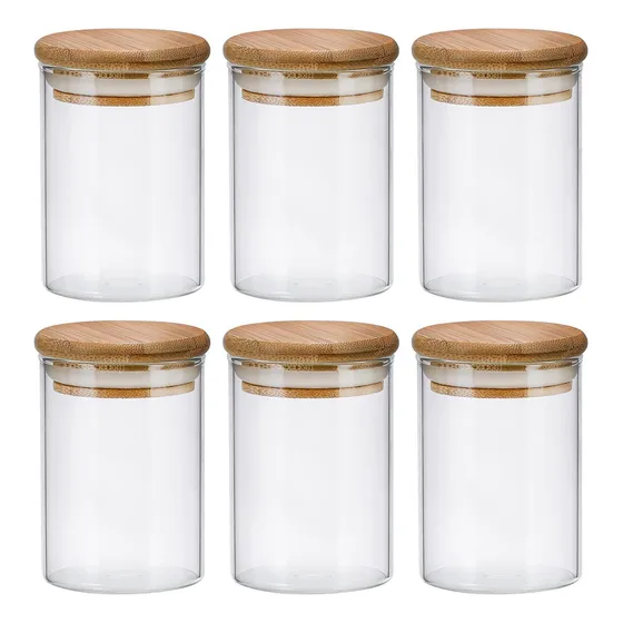 Kit 6 Potes Vidro Hermetico C/ Tampa Bambu Redondo 200ml Cor Transparente