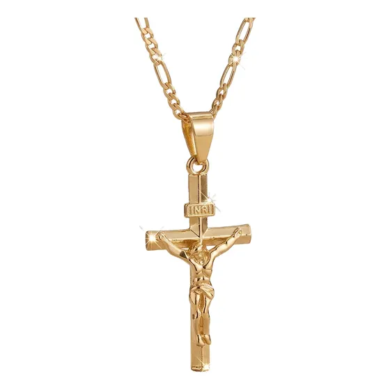 Colar Corrente Fígaro Com Pingente Crucifixo Banhado A Ouro Dourado — foto 2