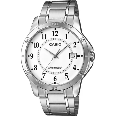 Relógio de pulso Casio Enticer MTP-V004 com corpo prata,  analógico, para masculino, fundo  branco, com correia de aço inoxidável cor prata, agulhas cor prata, subdials de cor preto, ponteiro de minut