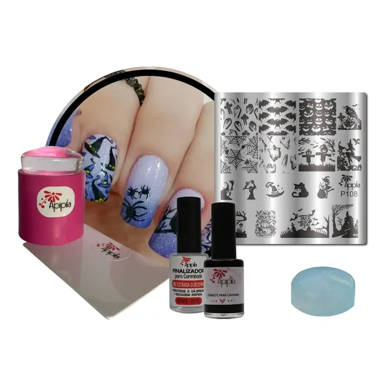 Kit Placa Carimbos De Unhas Apipila P108 Halloween Caveira