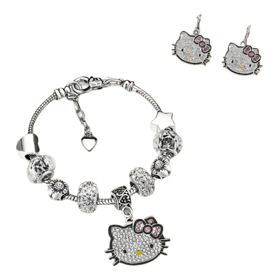 Pulsera Sanrio Kawaii Hello Kitty 8 Charms + Aros Gris 8 Cm 22 Cm