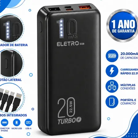 Power Bank 20000mAh Carga Rápida 22.5W para iPhone e Samsung, Com Cabos Embutidos e Display preto/branco