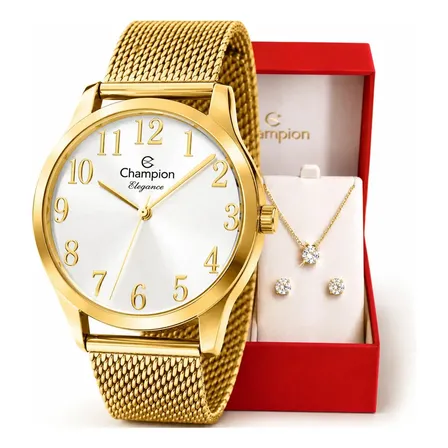 Relógio Champion Feminino CN26019B Dourado Analógico Pulseira Mesh Aço Inox 5 ATM 50m Cristal Mineral 39mm Original Social Elegante