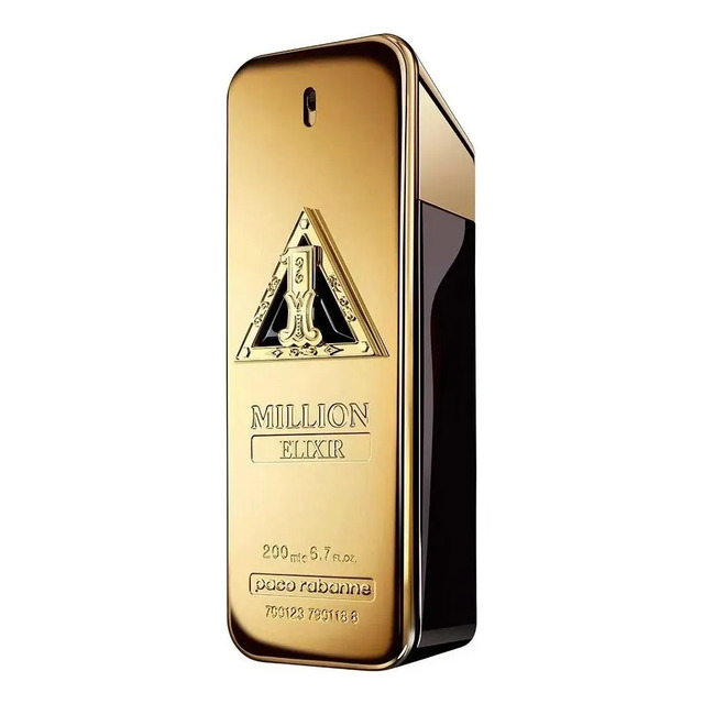 Frasco dourado do perfume Paco Rabanne 1 Million Elixir de 200ml em fundo branco