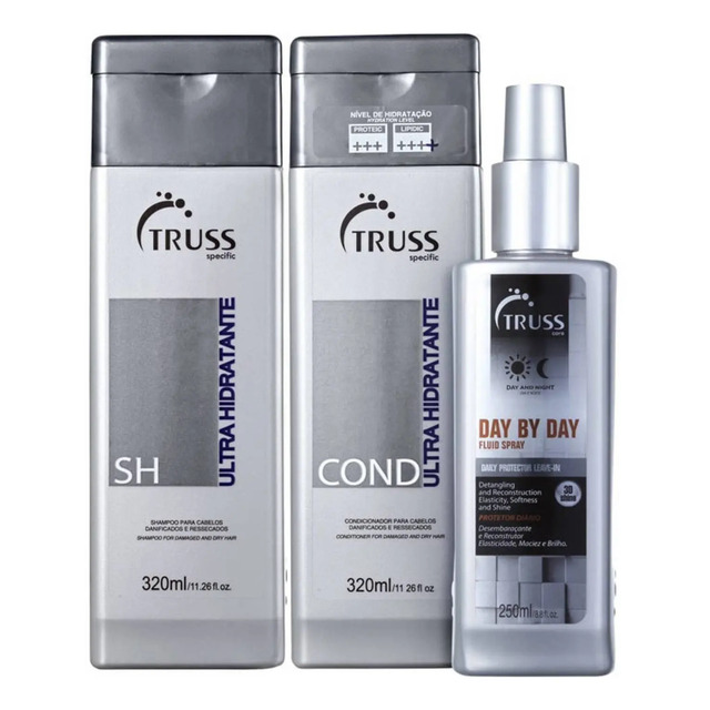 Kit Truss Specific contendo um frasco de shampoo, um frasco de condicionador e um spray de tratamento Day By Day em embalagens prateadas.