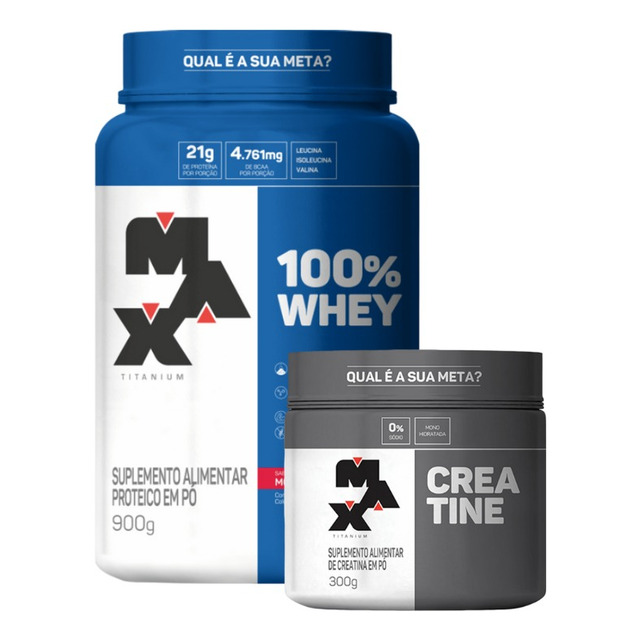 Combo 100% Whey Pote 900g + Creatine 300g Max Titanium Combo 100% Whey Pote 900g + Creatine 300g Max Titanium