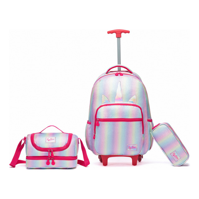 Kit Mochila De Rodinha Unicórnio Menina Lancheira Estojo Rosa-claro Tie Dye Kit Mochila De Rodinha Unicórnio Menina Lancheira Estojo Rosa-claro Tie Dye