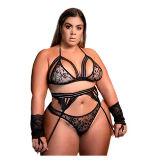 Conjunto Plus Size De Renda MalĂcia Com Cinta-liga E Luva Conjunto Plus Size De Renda MalĂcia Com Cinta-liga E Luva