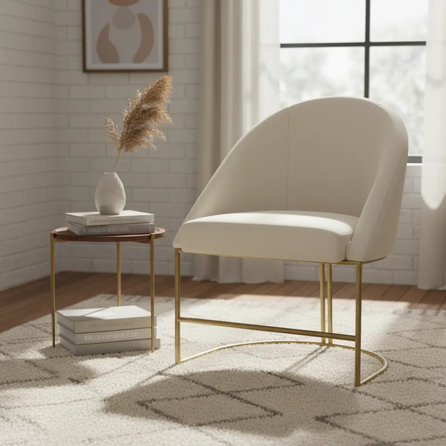 Poltrona Lua  Base Metálica Tecido Veludo Premium Bege Liso