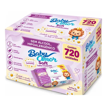 Kit 720 Toalhas Umedecidos Baby Amor Soft Camomila Premium