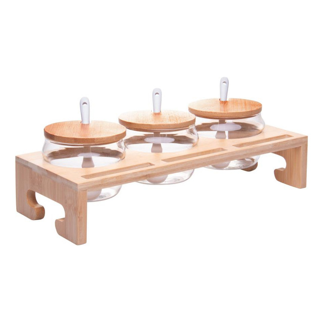 Porta Temperos De Vidro Borossilicato Com Tampa E Suporte De Bambu Conjunto Com 3 Potes De...