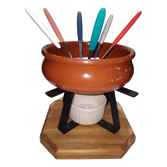 Fondue Completo C/olla Barro + 6 Pinchos + Soporte + Mechero