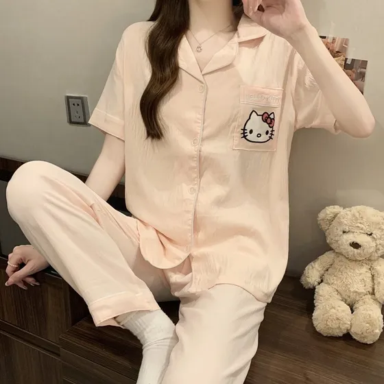 Pijama De Satén De Seda Cómodo Manga Corta Para Mujer, 2 Pzs