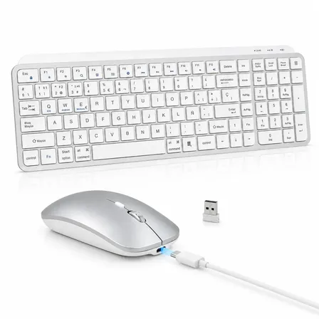 Teclado y Ratón Inalámbrico Trabajo Compacto Español, 2 Zonas, Diseño Delgado y Teclas compactas, Bluetooth + 2.4G, USB-C recargables y amplias para computadora portátil