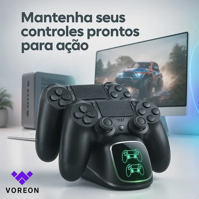 Carregador Base Duplo Para Controle Dualshock 4 ( Ps4, Ps4 Slim, Ps4 Pro ) Com Suporte Carrega 2 Controles Ao Mesmo Tempo Visor Com Mostrador Digital Marca Voreon